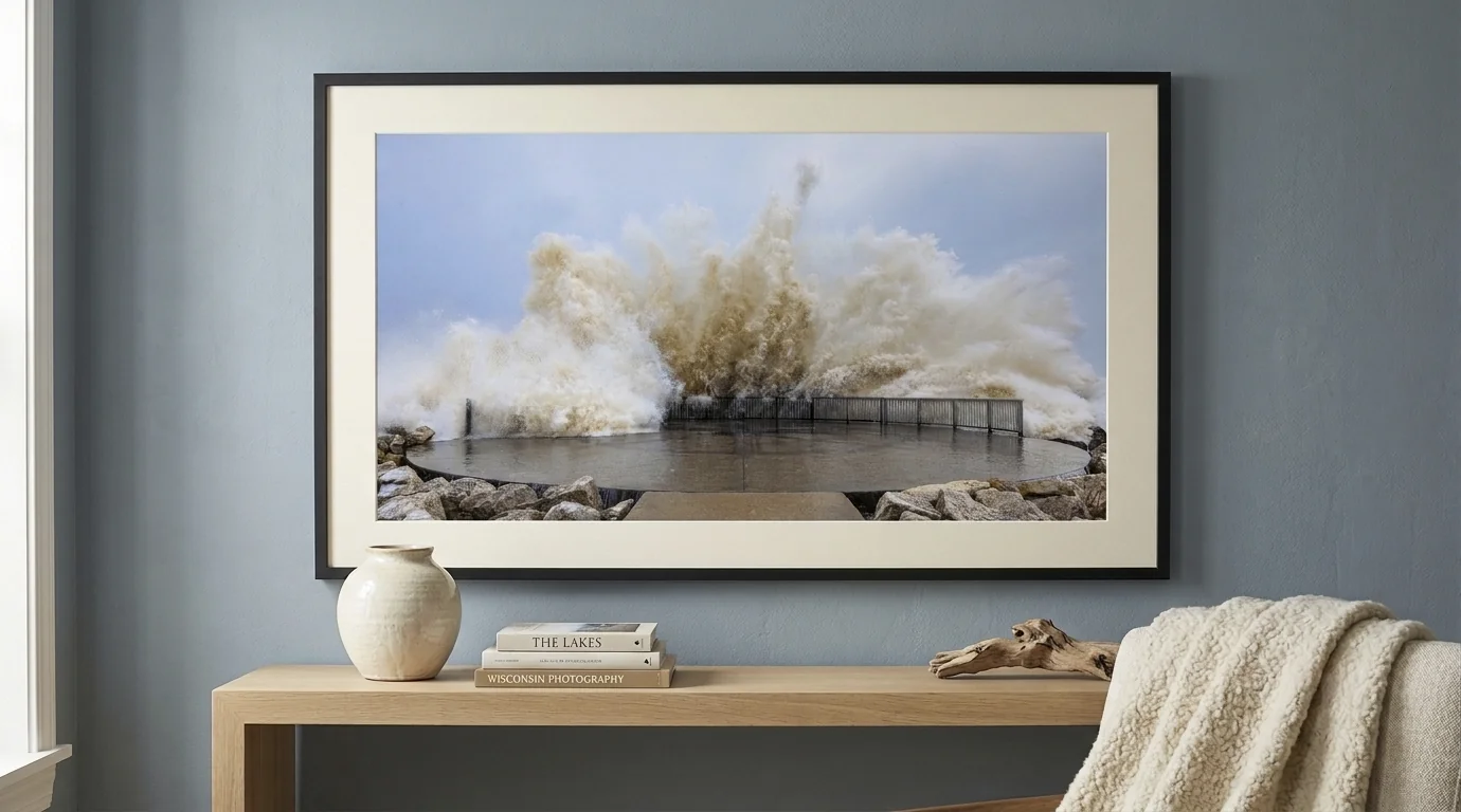 A framed fine art print of Lake Michigan Wave Explosion shown mocked up on a living room wall