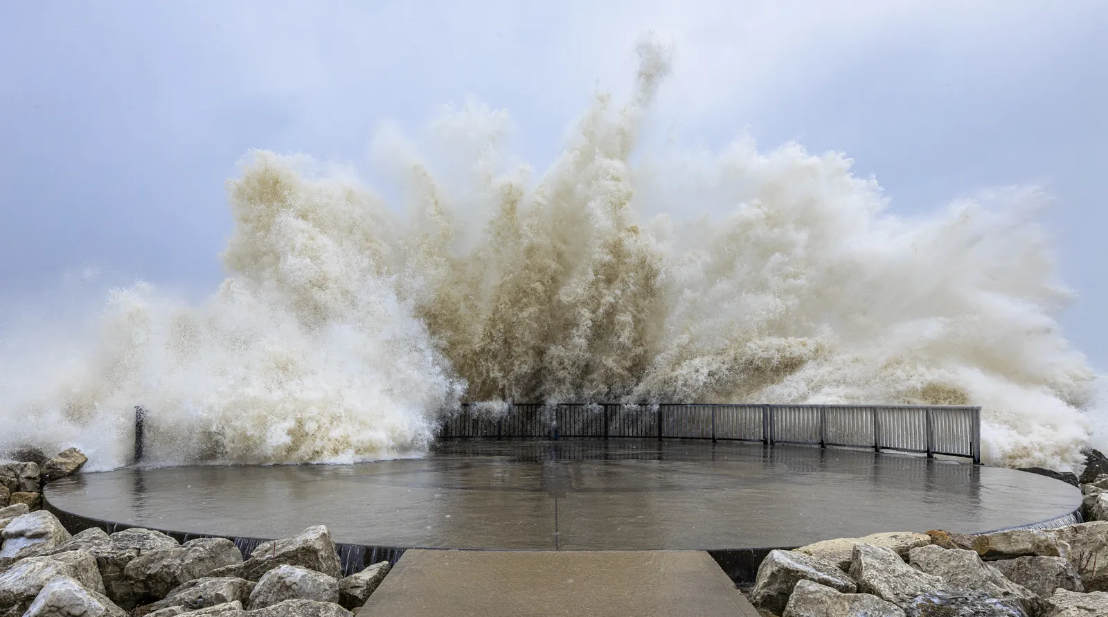 Lake Michigan Wave Explosion — a massive wave crashing over the Kenosha lakefront